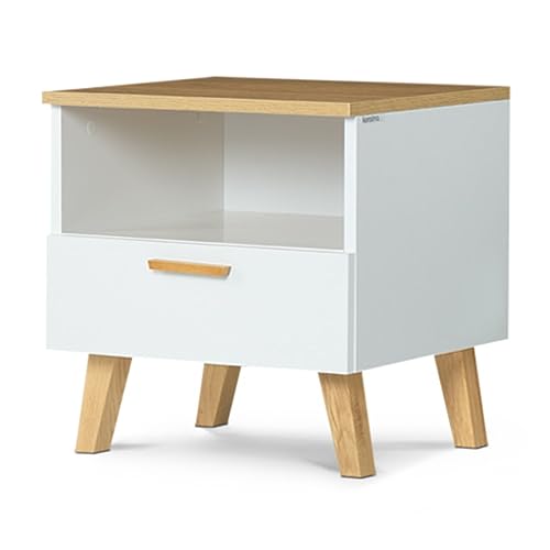 Konsimo Frisk Kollektion Nachttisch 48x50x46cm - Weiß Beistelltisch im Skandinavischen Stil - Nachtschrank mit Holzbeinen - Nachttisch mit Schublade aus Holz - Robust Nachtkästchen