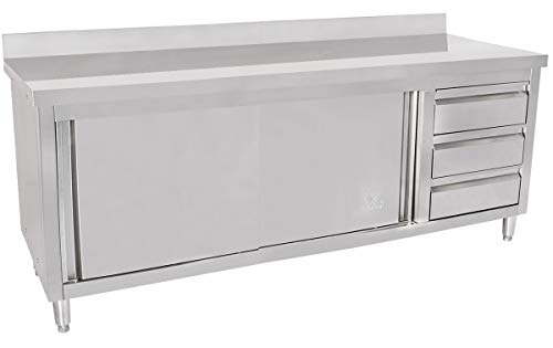 Beeketal 'BAS200-70R' Gastro Edelstahl Küchenschrank mit 3 Schubladen (rechts), 2 Rolltüren und 4 verstellbaren Standfüßen, Küchen Arbeitsplatte mit 10 cm Aufkantung - (L/B/H) ca. 2000 x 700 x 950 mm