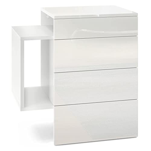 Vladon Nachttisch Queens, Nachttischschrank mit 2 Schubladen und 1 seitlichem Fach zur Wandmontage, Weiß matt/Weiß Hochglanz (60 x 63 x 36 cm)