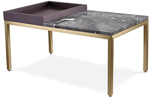 Casa Padrino Luxus Beistelltisch Messing/Braun/Grau 70 x 40 x H. 35 cm - Rechteckiger Messing Tisch mit Walnuss Furnier und Marmorplatte - Wohnzimmer Möbel - Luxus Möbel - Luxus Einrichtung