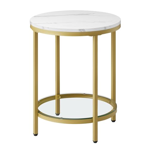 VASAGLE Beistelltisch, Nachttisch mit 2 Ebenen, Holzspanplatte, Hartglas, für Wohnzimmer, Arbeitszimmer, kleine Räume, modern, weiße Marmoroptik, marmorweiß-helles Gold LET285A59