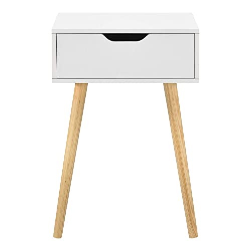 [en.casa] Beistelltisch Östersund mit Schublade 60x40x30 cm Kommode Retro Nachttisch Schubladentisch Massivholz Spanplatte Weiß