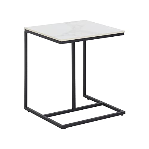 FATIVO Beistelltisch Marmor Weiß Nachttisch: C-Form Gesinterter Stein Beistelltische Sofatisch mit Schwarz Metallgestell Skandinavisch Wohnzimmertisch für Wohnzimmer Schlafzimmer 45×39.5×52.5cm