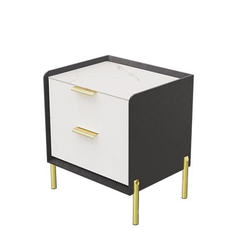 FATIVO Nachttisch Marmor Weiß Tischplatter mit 2 Schubladen, Nachtkommode Beistelltisch Holz Schrank Modern Skandinavisch Nightstand für Schlafzimmer 48.5×38.5×53cm