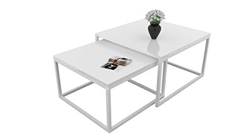 Yoshi 2 in 1 Set 2-er Set Weiß Hochglanz HG Couchtisch Tisch Wohnzimmertisch moderner Kaffeetisch Sofatisch Beistelltisch Wohnzimmer Metall Metallrahmen (Weiß/Weiß Hochglanz)
