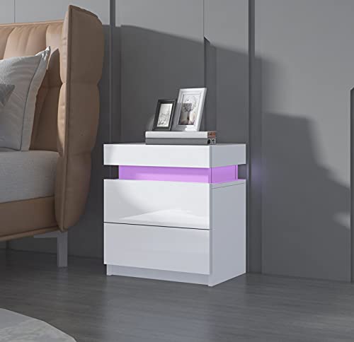 Senvoziii Nachtschrank Kommode mit 2 Schubladen Nachttisch Schubladen Schlafzimmer Hochglanz Beistelltisch RGB LED Beleuchtung - Weiß