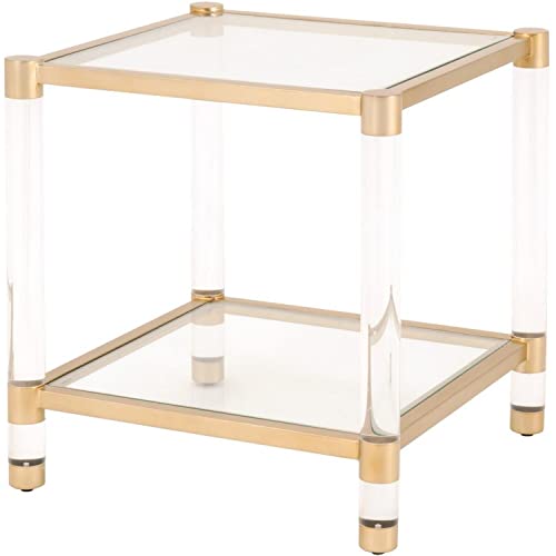Benjara Metal Frame Glass Top End Table with Acrylic Legs Beistelltisch mit Metallrahmen, Glasplatte mit Acryl-Beinen, Metall, Glas, Klar, Messing