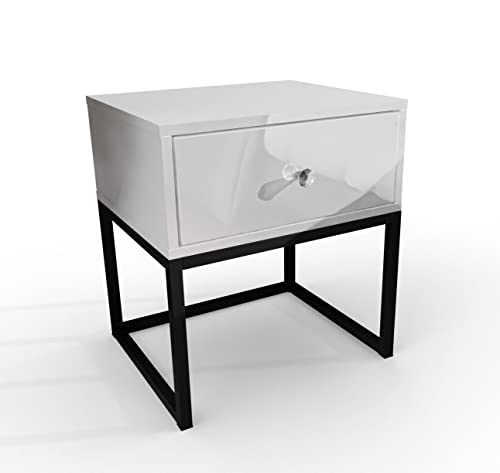 lukmebel Nachttisch Weiß Glamur 45x36,6x53 cm mit Schwarze Beine und Kristallgriff - Bett Tisch - Nachtkasten - Nachtkästchen - Hochglanz - Nachtschrank - Beistelltisch mit Schublade