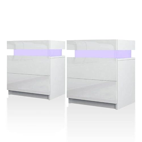 TUKAILAI 2X Nachttisch Weiß mit RGB Led Licht 2 Schubladen Nachtschrank Holz Beistelltisch Organizer Einheit Nachtkonsole Nachtkommode für Schlafzimmer Wohnzimmer
