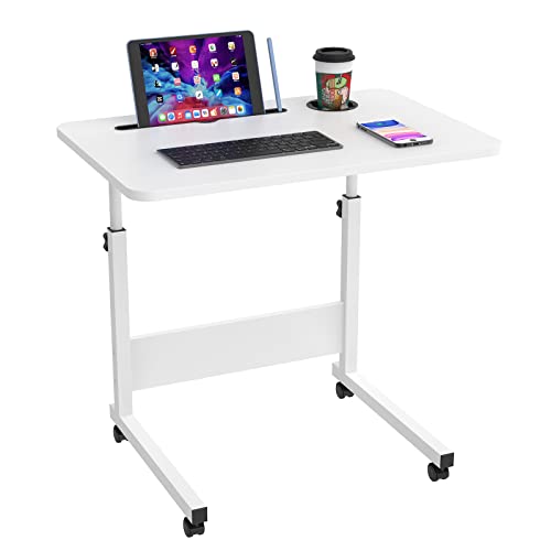Lvhecforhm Laptoptisch Höhenverstellbar, Stehpult Laptopständer Schreibtisch mit Rollen, Mobiler Beistelltisch Laptop Tisch für Bett, Beistelltisch mit Rollen und Kartenschlitzen Weiß 60x40cm