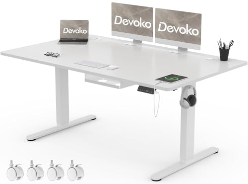 Devoko Schreibtisch Höhenverstellbar Elektrisch 160x80cm mit USB A Ladeanschluss und Sitz Stand Erinnerung, Mobiler Computertisch mit Kabel Management Tray und 3-Funktions-Memory, Weiß mit Rollen
