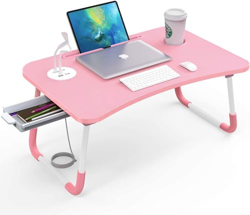Elekin Tragbar Laptoptisch, Faltbare Notebooktisch Betttisch Lapdesks mit Tassenschlitz, Multifunktionstisch Zeichentisch für Sofa Bett mit Geschenk Pink