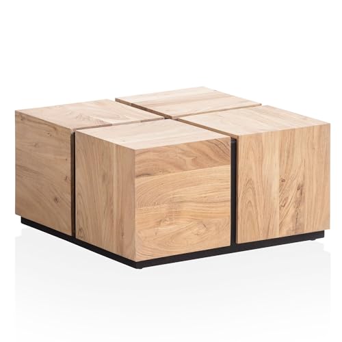 FineBuy Couchtisch MONOBLOC Akazie Massivholz 62x62x32,5 cm Quadratisch, Kleiner Sofatisch Würfel-Form, Wohnzimmertisch Couch Modern, Kaffeetisch Cube Braun/Schwarz
