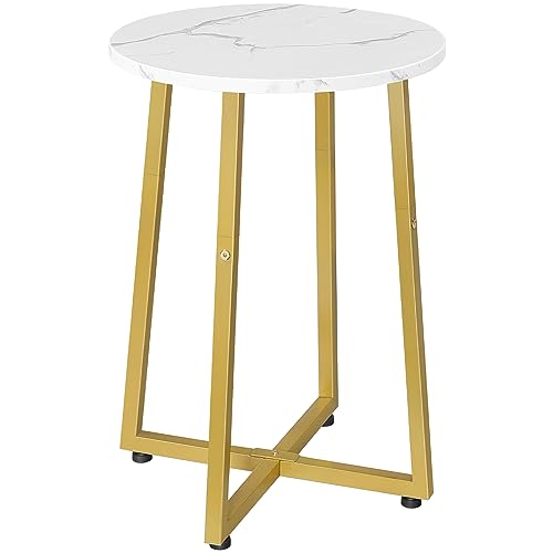 HOOBRO Beistelltisch, Couchtisch mit Stabilem X-Förmigem Metallrahmen, 40 cm Nachttisch Kleiner runder Tisch für Wohnzimmer, Schlafzimmer, Marmor und Gold EDM95BZ01