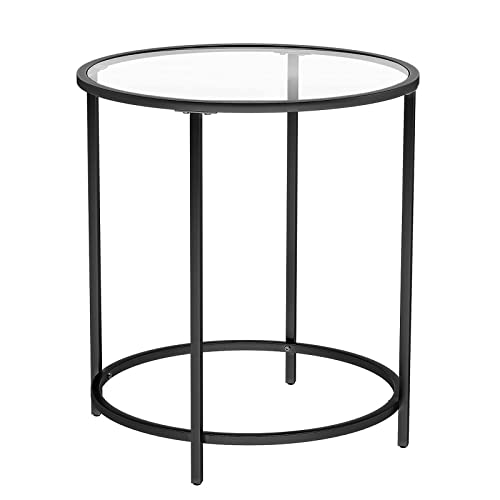 VASAGLE Beistelltisch rund, Kleiner Couchtisch, Glastisch, mit Oberfläche aus Hartglas und Metallgestell, Nachttisch, Sofatisch, Balkon, schwarz-transparent LGT020B01
