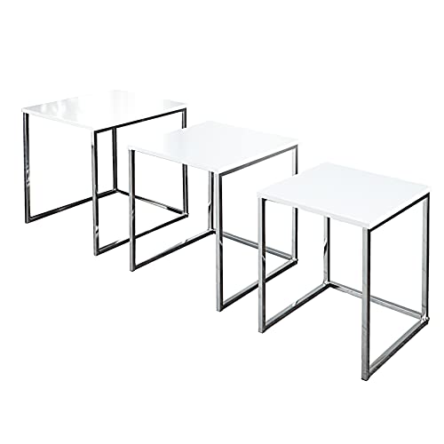 Design Beistelltisch 3er Set ELEMENTS 40cm Hochglanz weiß chrom Satztische Wohnzimmertische Tischset Tische