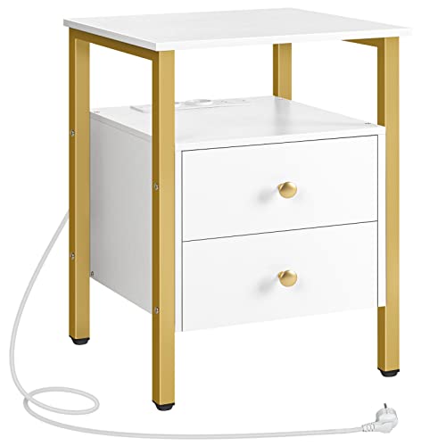HOOBRO Nachttisch, Beistelltisch mit Steckdosen und USB-Anschlüsse, Couchtisch mit Schubladen und Ablagefläche für Wohnzimmer, Schlafzimmer, einfach zu montieren, Weiß und Gold EDW43CBZ01G2