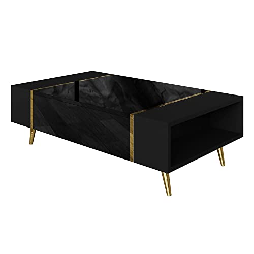 lukmebel Couchtisch Schwarz mit Gold Onyx -104x65x415 cm Couchtisch mit Stauraum - Push to Open - Wohnzimmertisch - Beistelltisch Couch - Sofatisch - Sofa Tisch - Stubentisch