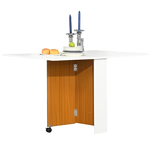 HOMCOM Klapptisch Mobiler Tisch mit klappbarer Arbeitsplatte Esstisch Beistelltisch mit Rollen Schreibtisch Holz Weiß Schreibtisch Esszimmertische