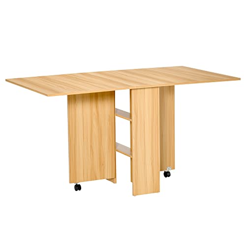 HOMCOM Klapptisch Esszimmertisch Beistelltisch mobiler Tisch klappbarer Küchentisch Schreibtisch Beistelltisch Ablagefläche mit Rollen Natur 140 x 80 x 74 cm