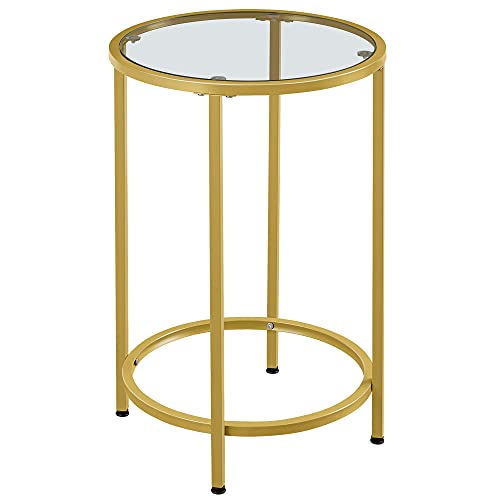 Yaheetech Bestelltisch Runder Sofatisch Coutisch mit Metallgestell Kleiner Nachttisch Hartglas Tischplatte Glastisch für Wohnzimmer Balkon, 40,5 x 40,5 x 61 cm Gold