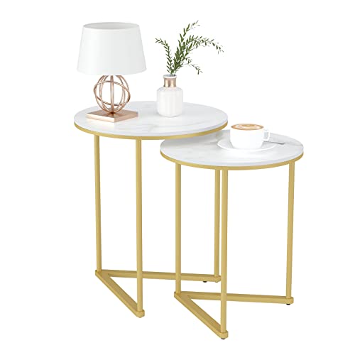 FATIVO Satztisch 2er Set Marmor: Rund Gold Beistelltisch Set - Couchtisch Weiß Wohnzimmertisch mit Gold Eisenrahmen fürs Wohnzimmer, größer Tisch 45x55cm und Kleiner Tisch 40x51cm