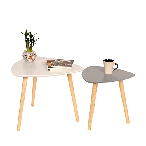 HEUTE 2er-Set Beistelltisch Coffee Tisch Sofatische-Set Satztische, Couchtische mit Beinen aus Massivholz, Tischkombination für Büro, Küche, Wohnzimmer (Weiß1)