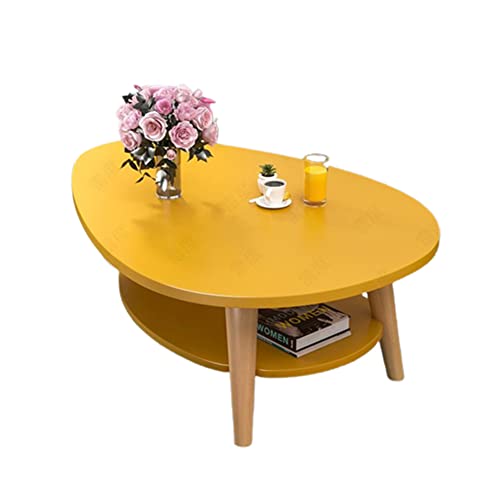Schreibtisch Ovaler 2-stufiger Couchtisch, ovaler Holz-Couchtisch mit offenem Regal, moderner Beistelltisch mit Sofa-Seitenakzent und Massivholzbeinen, Couchtisch für Wohnzimmermöbel, gelb, 90 x 50