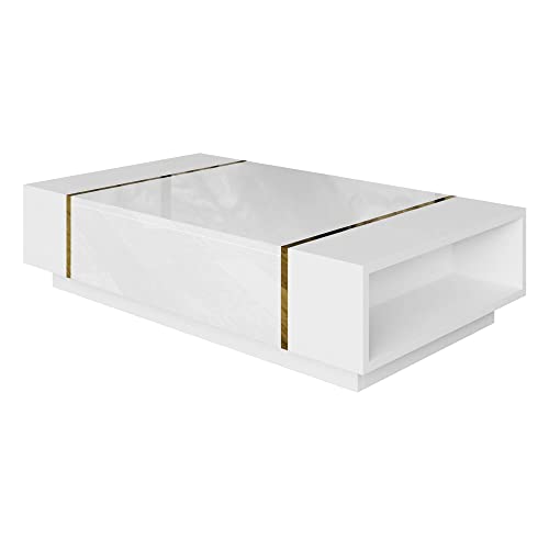 lukmebel Couchtisch Weiß mit Gold Onyx -104x65x415 cm Couchtisch mit Stauraum - Push to Open - Wohnzimmertisch - Beistelltisch Couch - Sofatisch - Sofa Tisch - Stubentisch