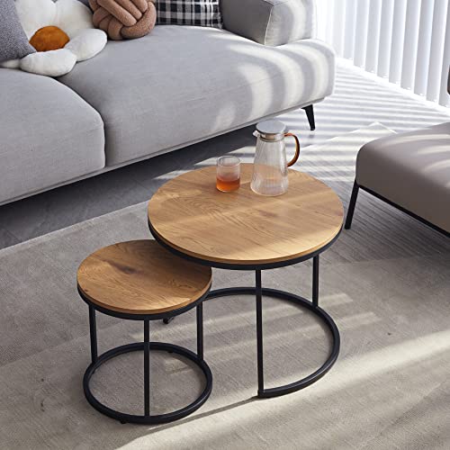 GrandCA HOME Set mit 2 runden Beistelltischen 2-in-1 Kombination Nordic Tavolino Tischplatte mit Dichte und Stahl, 44,5 x 60 x 60 cm, industrieller Stil (Hellbraun)…