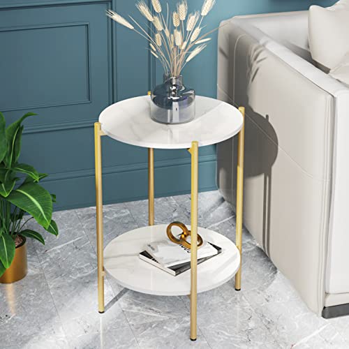 FATIVO Beistelltisch Gold Marmor Rund: 2-Ablagen Skandinavisch Beistelltisch Weiß Nachttisch 40.5×40.5×55 Moderner Kaffeetisch Sofatisch mit Goldem Metallgestell für Wohnzimmer Schlafzimmer