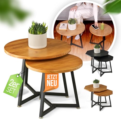 Zunika Couchtisch [2er Set] Beistelltisch FSC Massiv Holz rund modern | Satztisch, Nachttisch, Side Table. Coffee Table, Tisch für Wohnzimmer, Sofa, Couch, Dekoration | Jetzt Modelle vergleichen