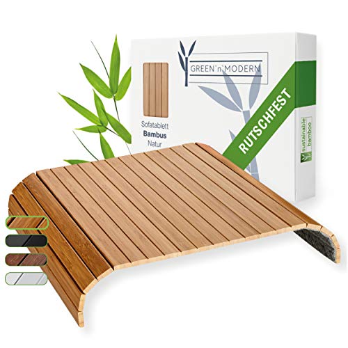 Green'n'Modern Sofatablett rutschfest   Holz Bambus Getränkehalter Armlehne | Couch Tablett flexibel als Butler | Tablett Armlehne als Ablage | Getränkehalter Armlehnentablett (Natur)
