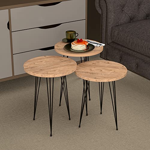 [en.casa] Beistelltisch-Set Ry Satztisch 3er Set Holzfarben Schwarz Abstelltisch mit runder Tischplatte Hairpinlegs aus Metall Wohnzimmertisch
