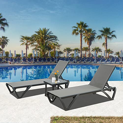 Domi Pool-Lounge-Stühle, 3er-Set, verstellbare Aluminium-Kunststoff, Outdoor-Chaiselongue mit Beistelltisch, Allwetter, für Deck, Rasen, Pool, Hinterhof, graues Textilene