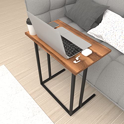 [en.casa] Laptoptisch Högsby Beistelltisch in C-Form Coffeetisch mit Metallgestell Sofatisch für Wohnzimmer Schlafzimmer Betttisch Walnuss