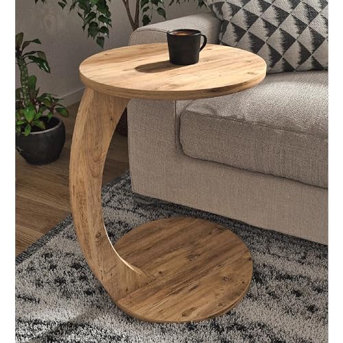 Tubibu C Form Kleiner Beistelltisch, Runder Tisch als Ablagefläche für Couch und Sofa mit Rollen, Rolltisch, Abstelltisch, runde Tischplatte (C-Form, Nussbaum-Optik)