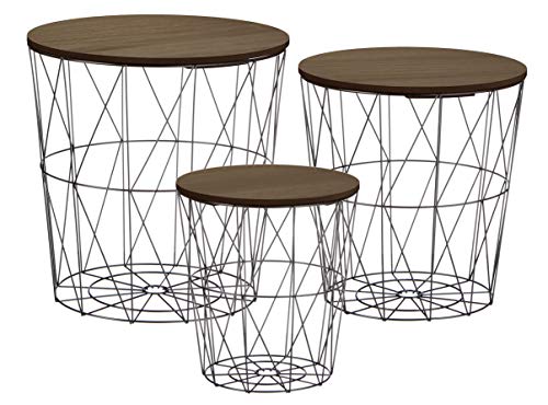 Metall Beistelltisch mit Stauraum schwarz - 3er Set/dunkle Tischplatten - Wohnzimmer Tisch mit Abnehmbarer Holz Platte Metallkorb Sofatisch Couchtisch