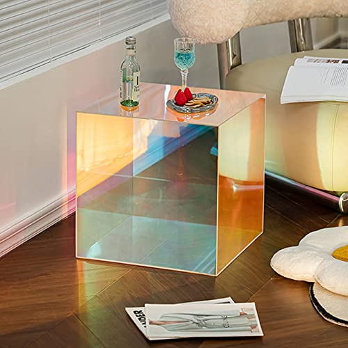 Cutfouwe Schimmernder Regenbogen Cube Shaped End Table Acryl Sofa Beistelltisch Kleiner Acryl Drink Table Für Kleine Räume 15,7  Kleiner Nachttisch Nachttisch Für Schlafzimmer Home,Rainbow