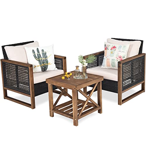 GOPLUS 3 TLG. Gartenmöbel Set, Polyrattan Sitzgruppe mit Beistelltisch, Rattanmöbel Lounge Set aus Holz für Terrasse, Balkon & Garten, Braun
