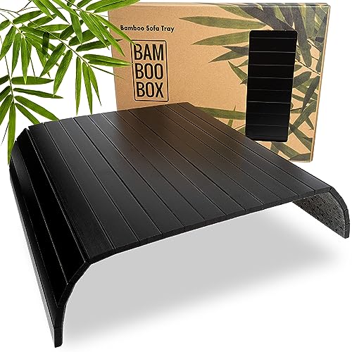 BAM BOO BOX Sofatablett aus Bambus - Couch Tablett flexibel - Sofatablett Armlehne - Sofa Tablett Holz - Sofa Tablett Armlehne - Armlehnen Tablett - Tablett für Sofa und Couch - Schwarz