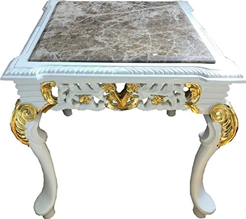 Casa Padrino Barock Beistelltisch Weiß/Gold/Grau - Handgefertigter Massivholz Tisch mit Marmorplatte - Barock Möbel