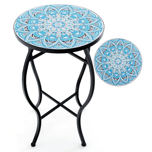 HOMASIS 30x30x50cm Gartentisch Beistelltisch mit Mosaik-Muster, Pflanzenständer mit runder Tischplatte aus Metall & Fliesen, Stabiler Balkontisch für Garten, Balkon & Wohnzimmer (Blau)
