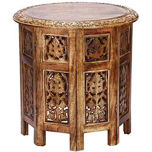 Marokkanischer Tisch Beistelltisch aus Holz Ashkar Braun ø 45cm groß rund | Orientalischer runder Hocker Blumenhocker orientalisch klein | Orientalische runde kleine Beistelltische klappbar