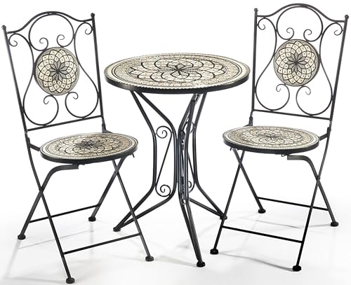 Kobolo Sitzgruppe Gartenmöbel Mosaikoptik - 1 Tisch - 2 Stühle - Metall - grau-weiß