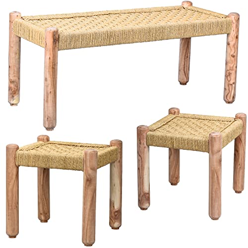 Marrakesch 3er Set Sitzbank Hocker Beistelltisch aus Holz & Jute Josue 36 cm | Ideal im Garten Terrasse und Balkon