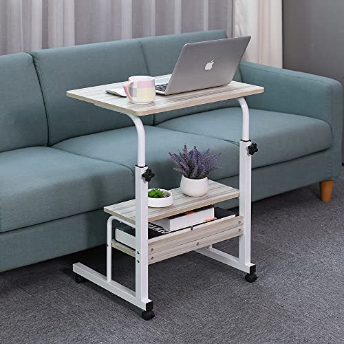 Emall Life Tabletttisch, Verstellbarer Sofa/Bett Beistelltisch Tragbarer Schreibtisch mit Rollen Überbetttisch Laptopwagen mit offenem Regal (Weißer Ahorn, 60 x 40 cm)