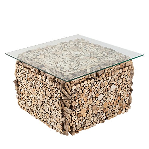 Riess Ambiente Massiver Treibholz Couchtisch FOSSIL 70cm Handarbeit mit Glasplatte Tisch Beistelltisch Wohnzimmertisch Holztisch