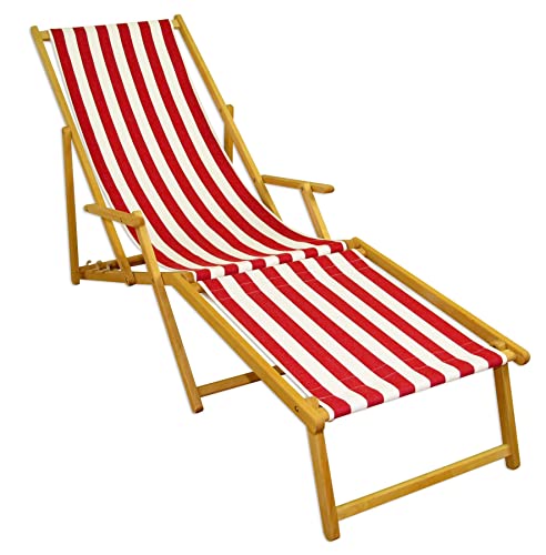 Erst-Holz Liegestuhl rot-weiß Strandliege Sonnenliege Relaxliege Deckchair Buche hell Fußteil 10-314 N F