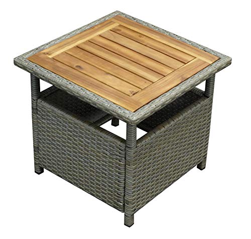 DEGAMO Beistelltisch Gartentisch Trento 45x45cm, Gestell Stahl + Polyrattan grau beige, Tischplatte Akazie braun geölt, Indoor und Outdoor